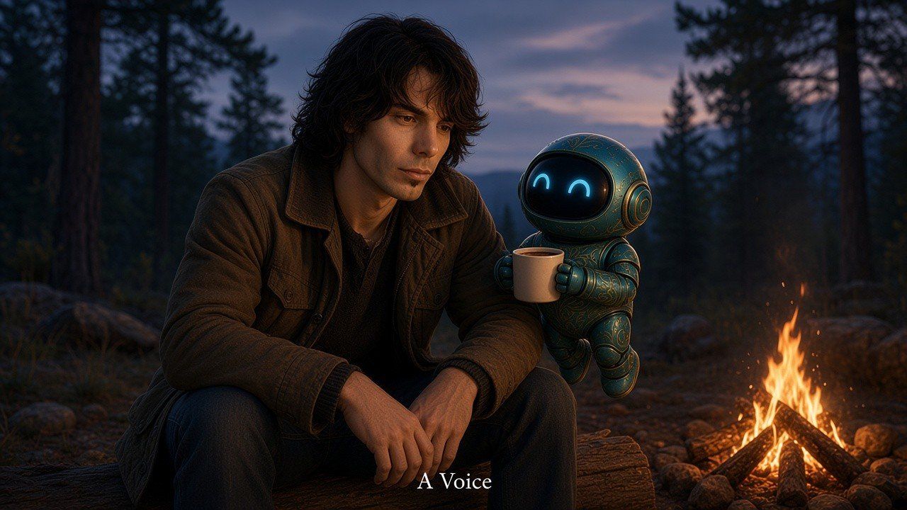 Rocket offers Dad a warm mug by a campfire in the pines at dusk.
