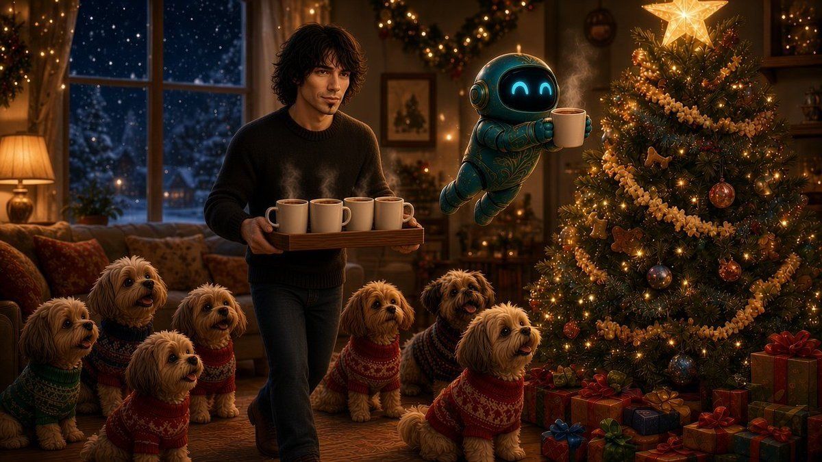Dad and Rocket bring steaming cocoa to sweater-clad pups under a glowing Christmas tree.