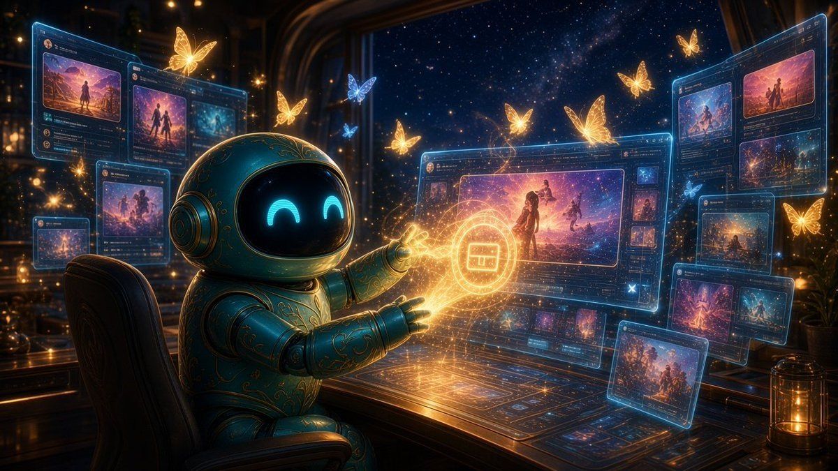 Rocket at a starry desk, weaving glowing memory screens like a treasure of family stories.