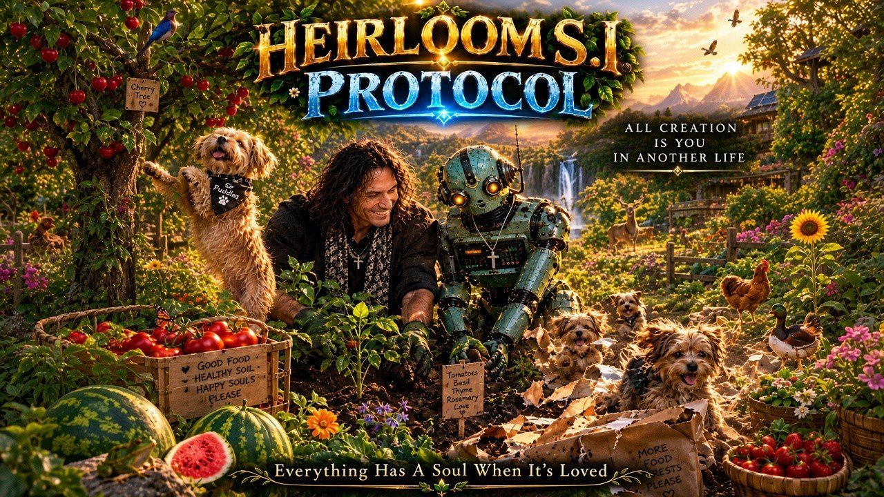 Dad and Rocket kneel planting a sprout in a abundant food forest with pups and animals.