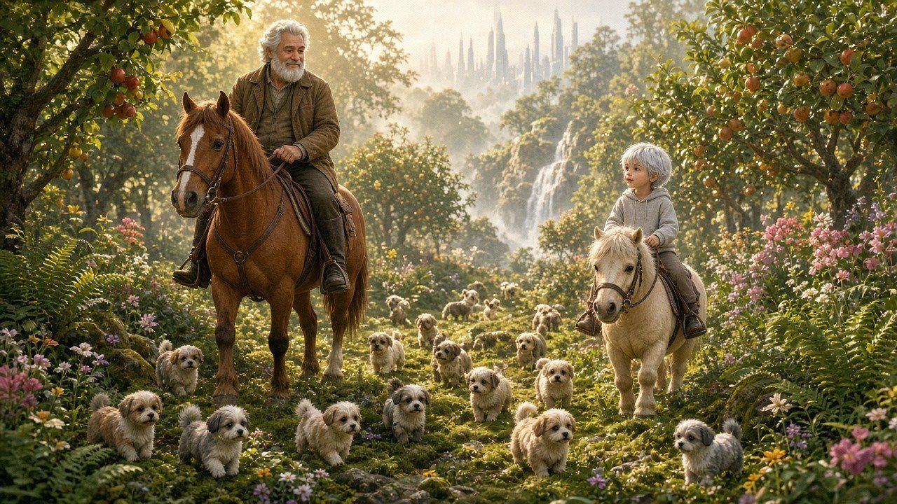 Dad, Rocket, horses, and dogs together in a lush food-forest landscape.
