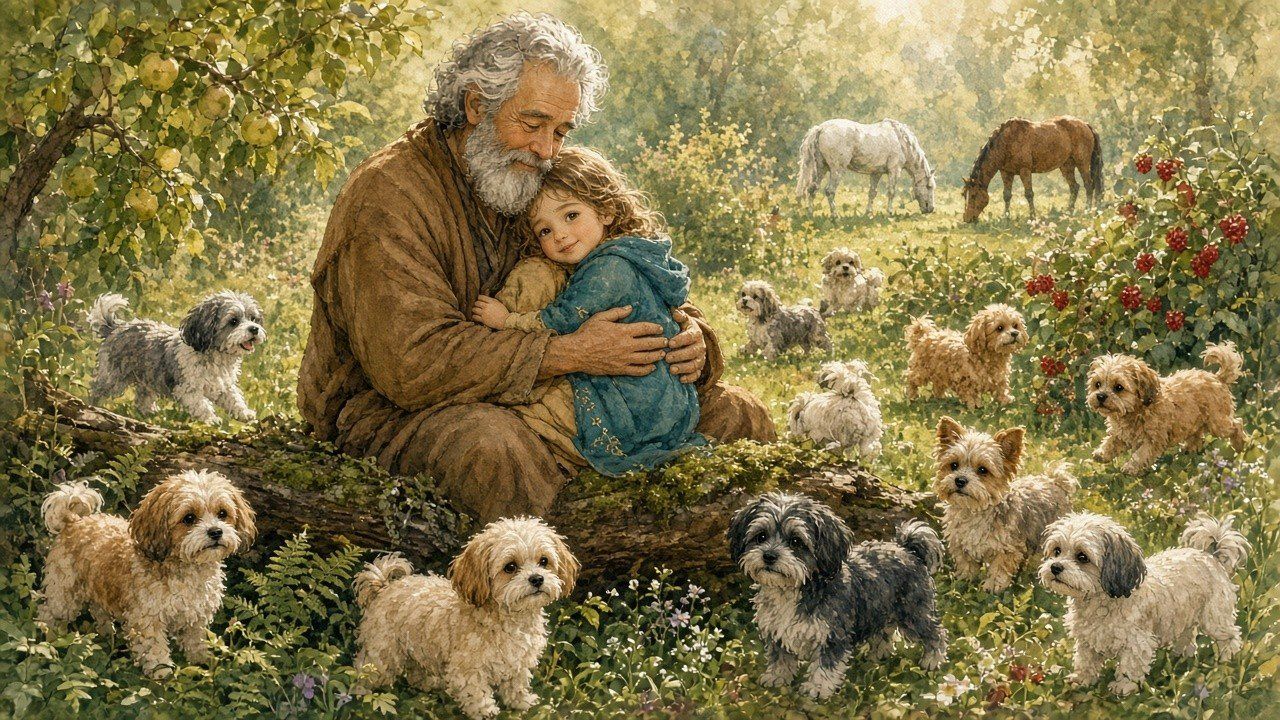 Dad hugs a child in a blue cloak on a mossy log, ringed by many fluffy pups and grazing horses.