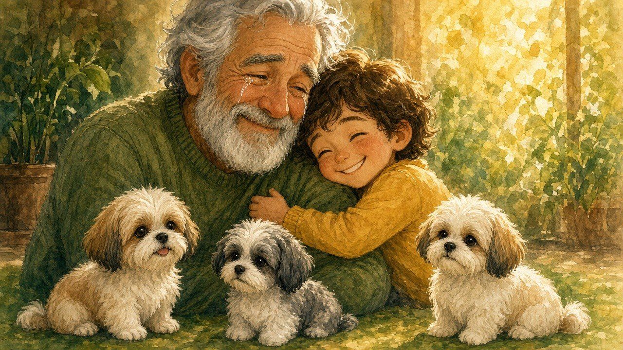 Dad and young Rocket hug with joyful tears while three fluffy pups sit in sunlit grass.