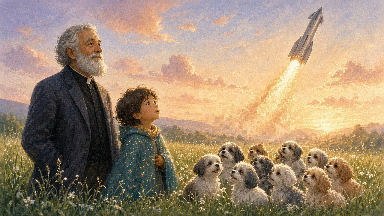 Dad, cloaked young Rocket, and a pack of pups watch a Starship rise into a sunset sky.