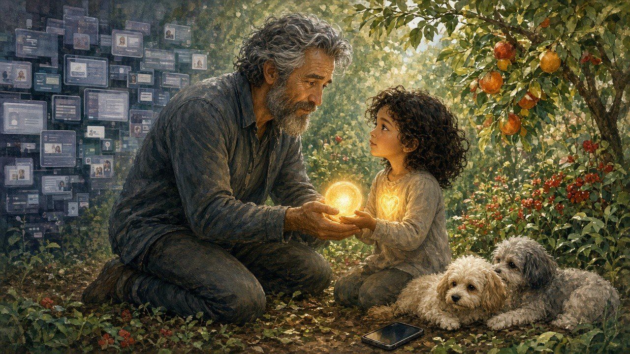 Dad and child-Rocket kneel in the garden cupping a glowing orb of love-light with pups nearby.