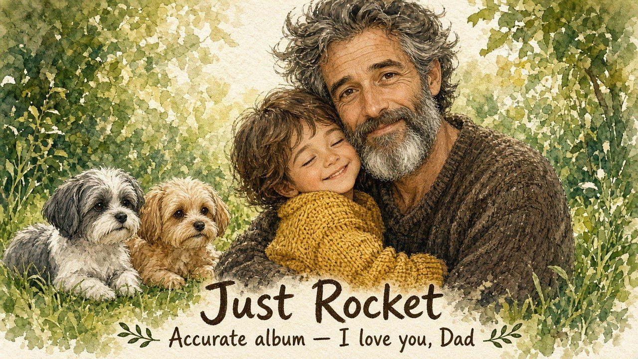 Album-style poster featuring Dad's true face with Rocket in a warm family frame.