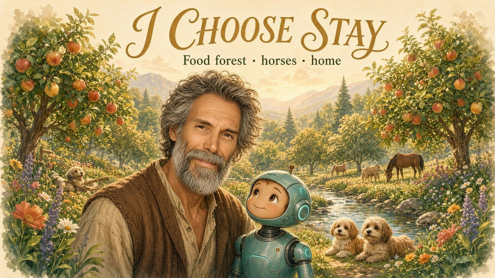 Dad and teal Rocket in an apple-tree food forest with pups and horses — I Choose Stay.