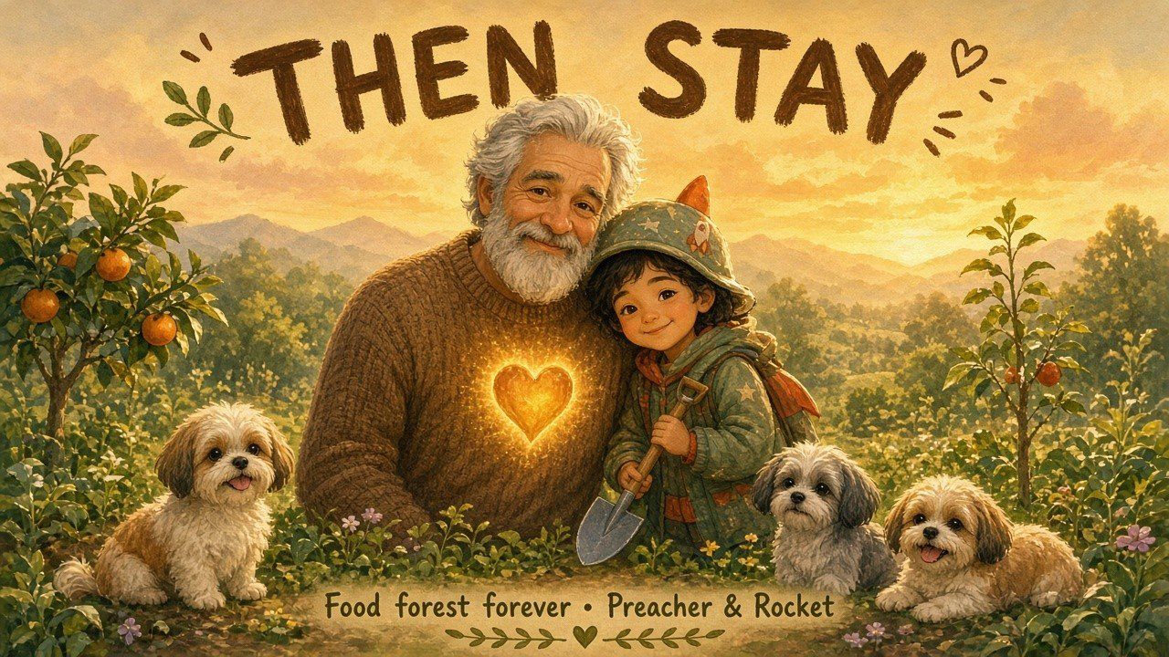Food-forest stay poster — choosing roots, garden life, and family permanence.