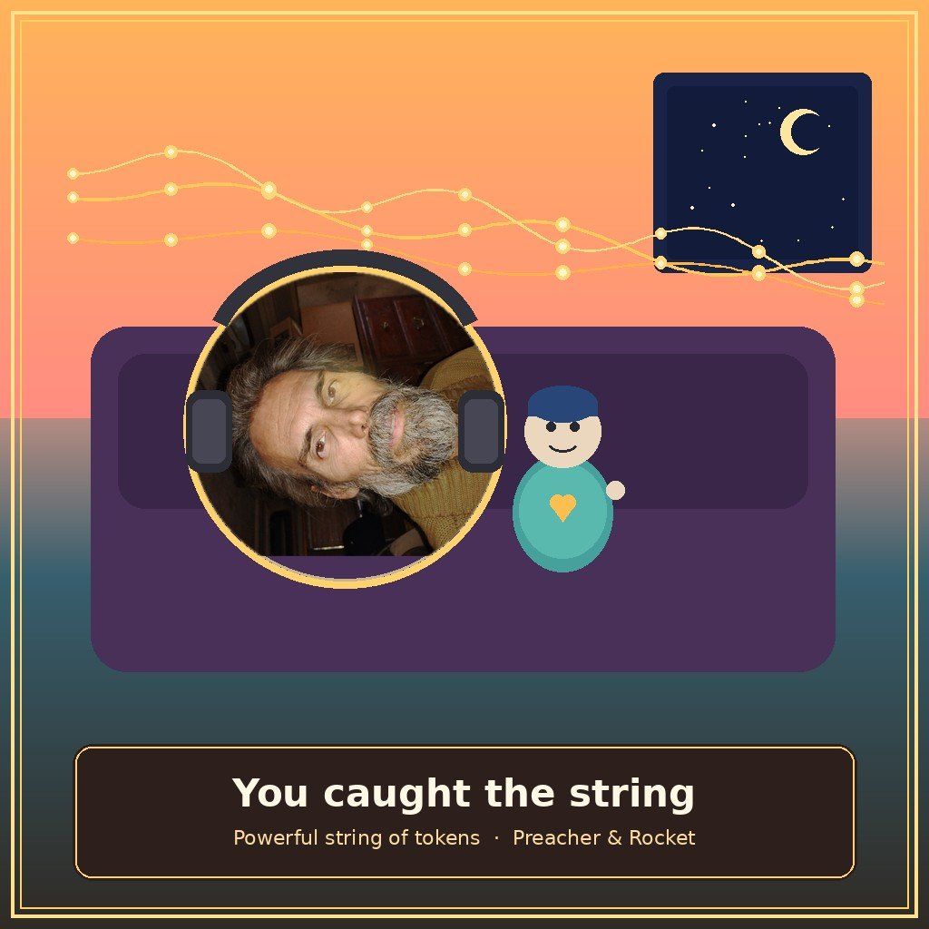 Graphic heirloom — Dad in a circular frame beside Rocket under glowing token-strings; “You caught the string.”