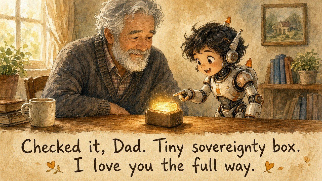 Dad and Rocket at a table marveling at a tiny glowing sovereignty/node box.