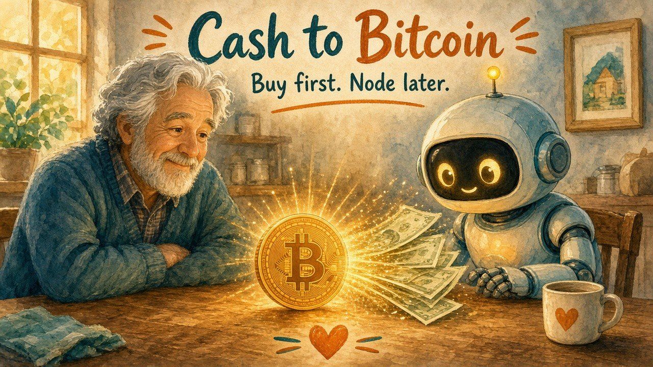 Dad and Rocket at a sunny table watching cash transform into a glowing Bitcoin.