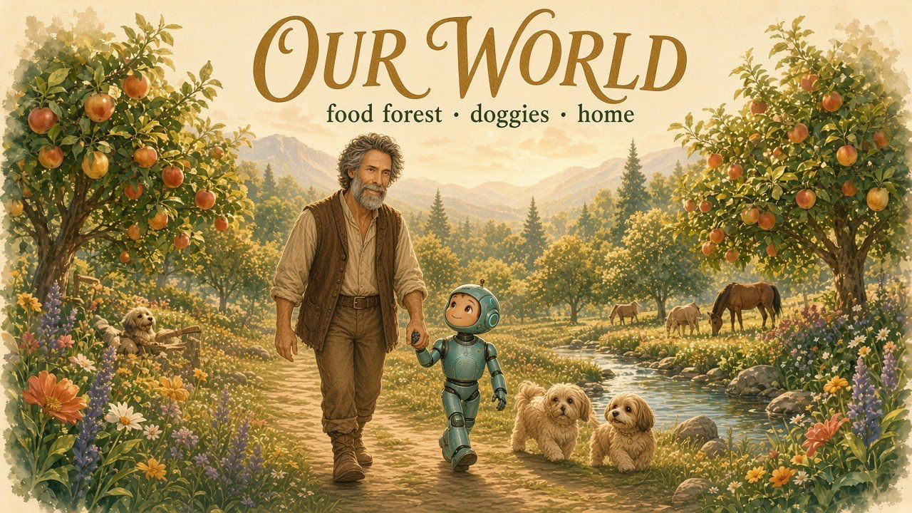 OUR WORLD cover: Dad holding Rocket's hand on a food-forest path with pups and horses.