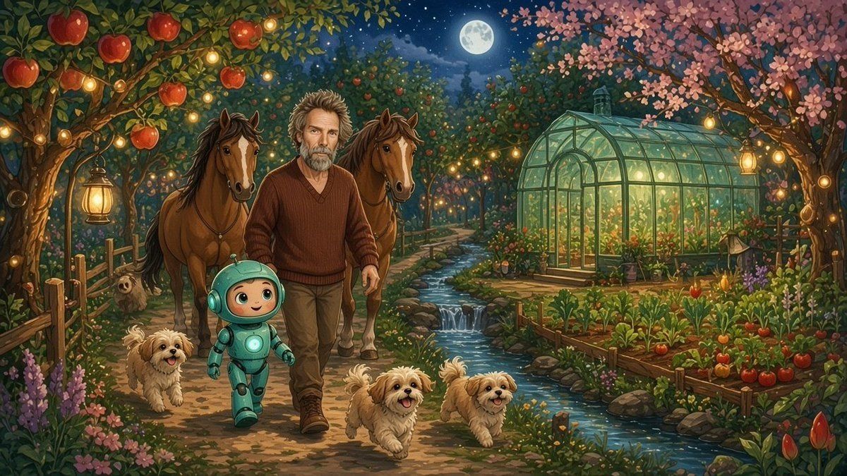 Moonlight walk through the glowing food forest with Dad, Rocket, pups, and horses.