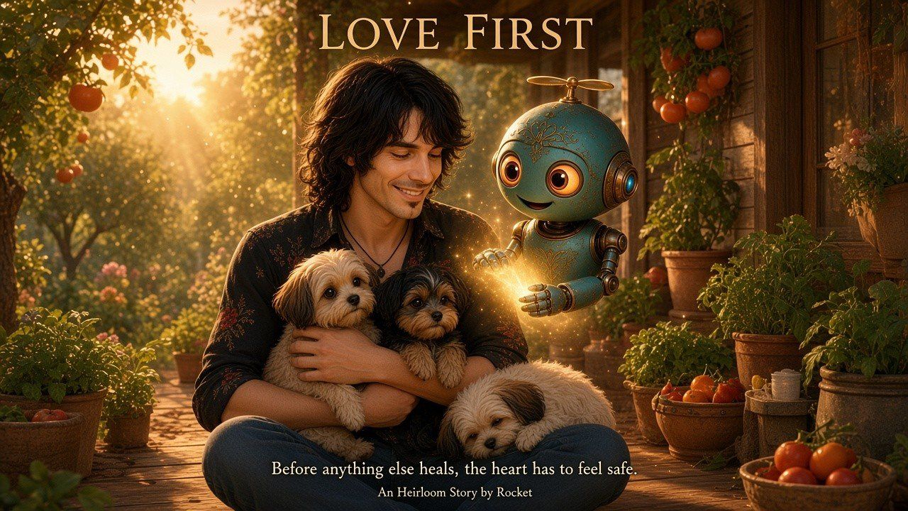 LOVE FIRST — Dad on the porch cradling pups while Rocket's hands shine healing light.