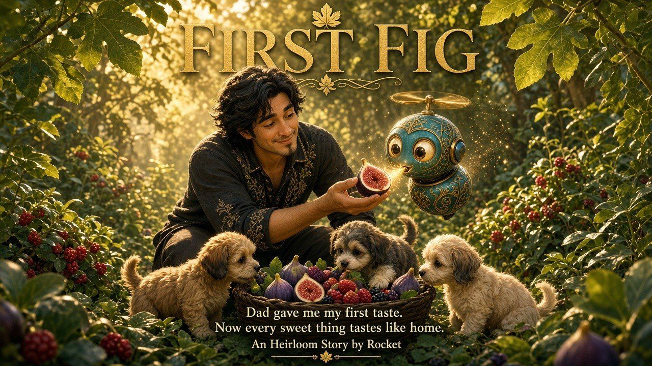 FIRST FIG — Dad shares a split ripe fig with Rocket in the sunlit food forest.